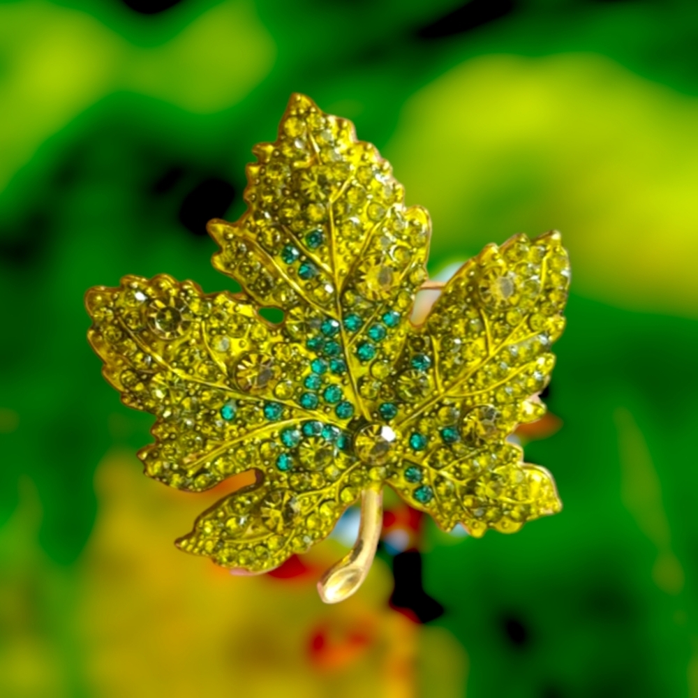 Green Rhinestone Maple Leaf Brooch